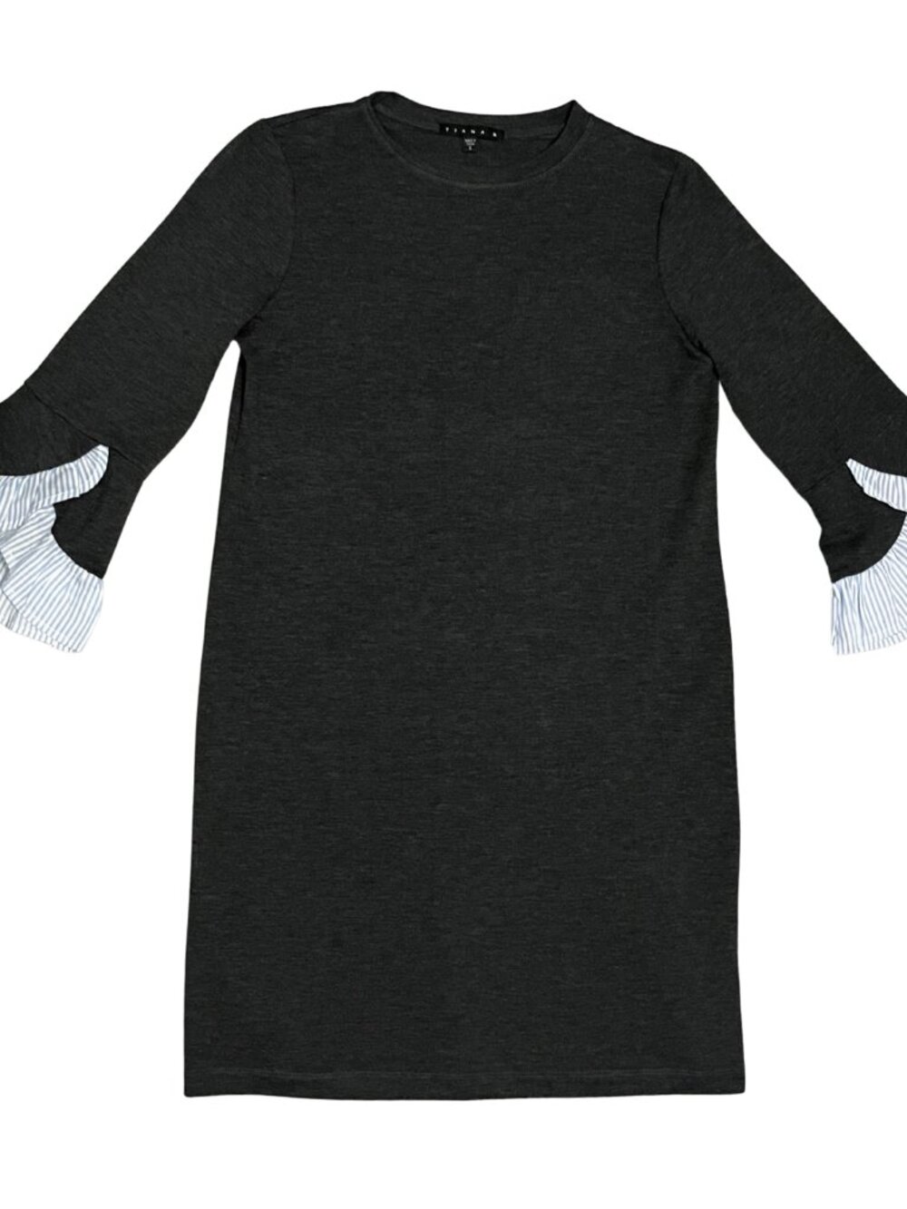 Tiana B Women’s SM Black Shift Dress Striped Ruffle Bell Sleeve Mod Office Chic